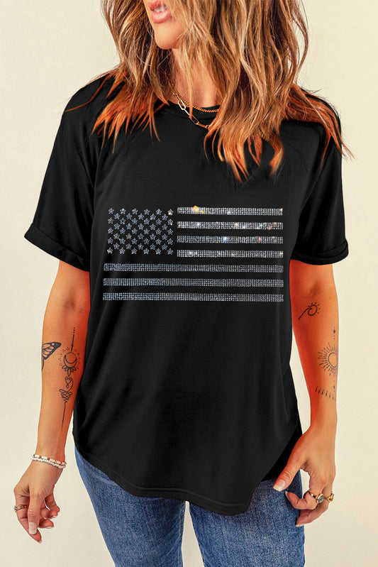 Rhinestone US Flag Round Neck Short Sleeve T-Shirt-Jewearrings