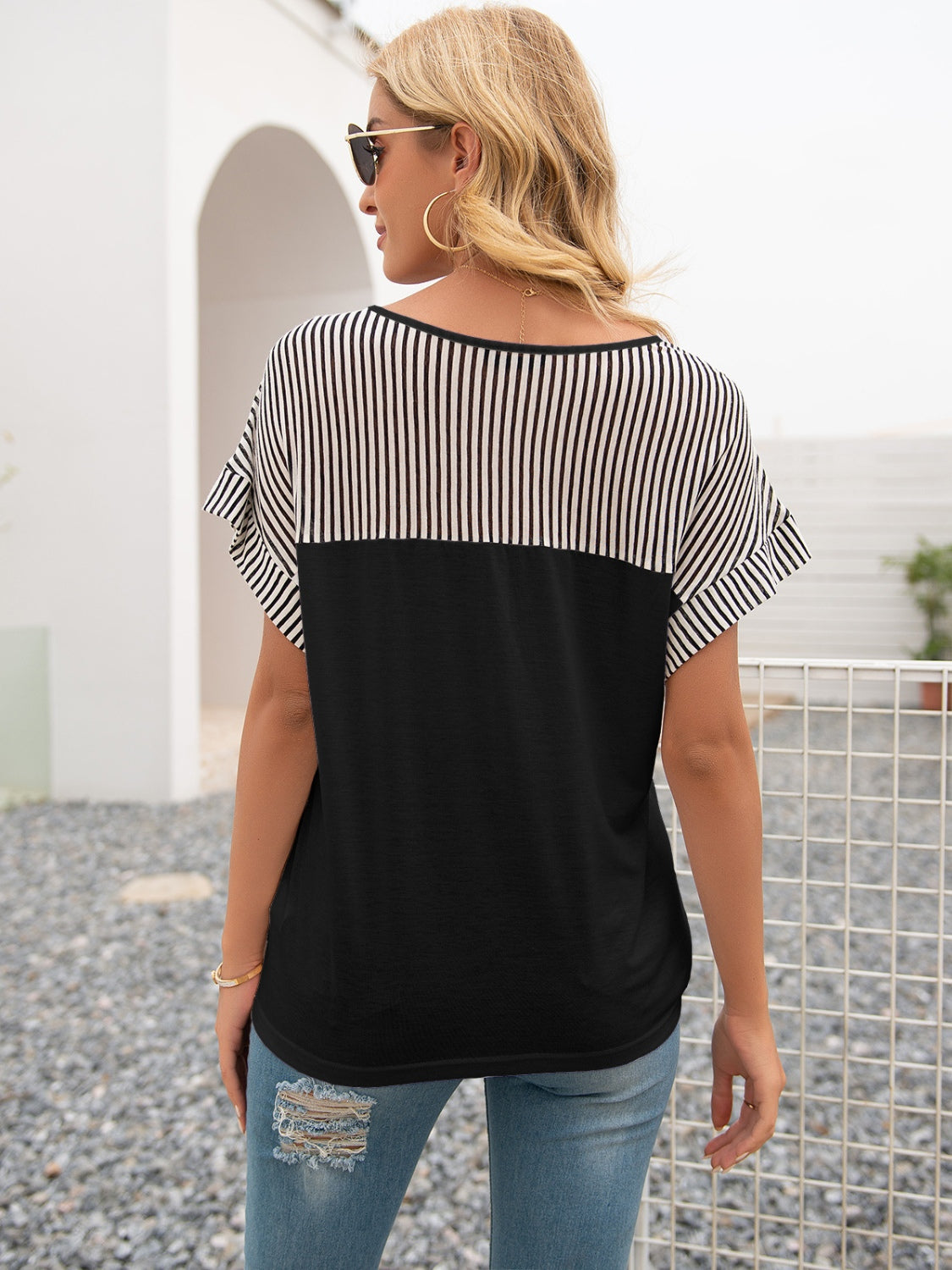 Striped V-Neck Short Sleeve T-Shirt-Jewearrings