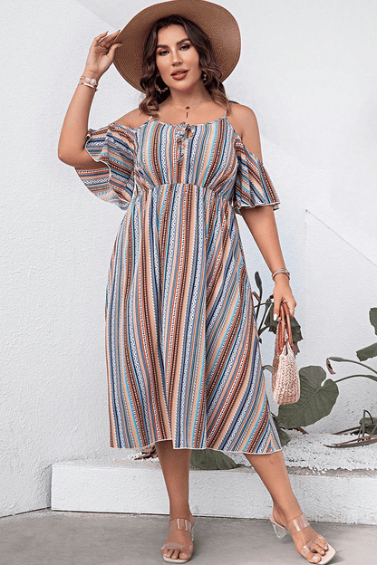 Plus Size Striped Cold-Shoulder Dress-Jewearrings