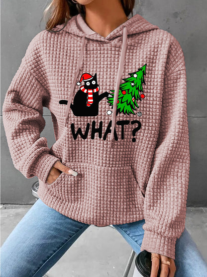 Full Size WHAT Graphic Waffle-Knit Long Sleeve Drawstring Hoodie-Jewearrings