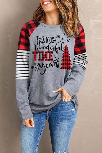 Christmas Mixed Print Letter Graphic Raglan Sleeve Top-Jewearrings