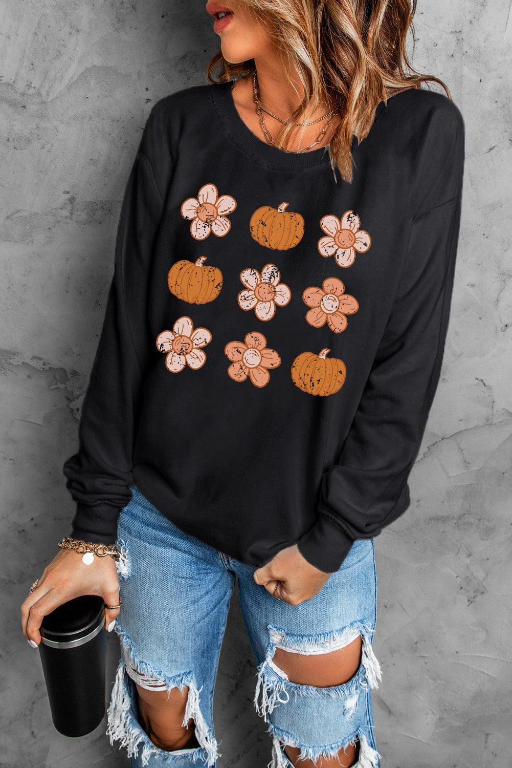 Simply Love Round Neck Long Sleeve Pumpkin & Flower Graphic Sweatshirt-Jewearrings