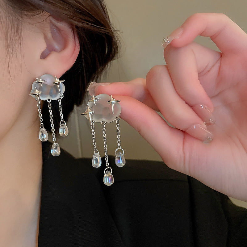 Silver Needle Rainy Day Mansions Nebula Water Drops Tassel Earrings-Jewearrings