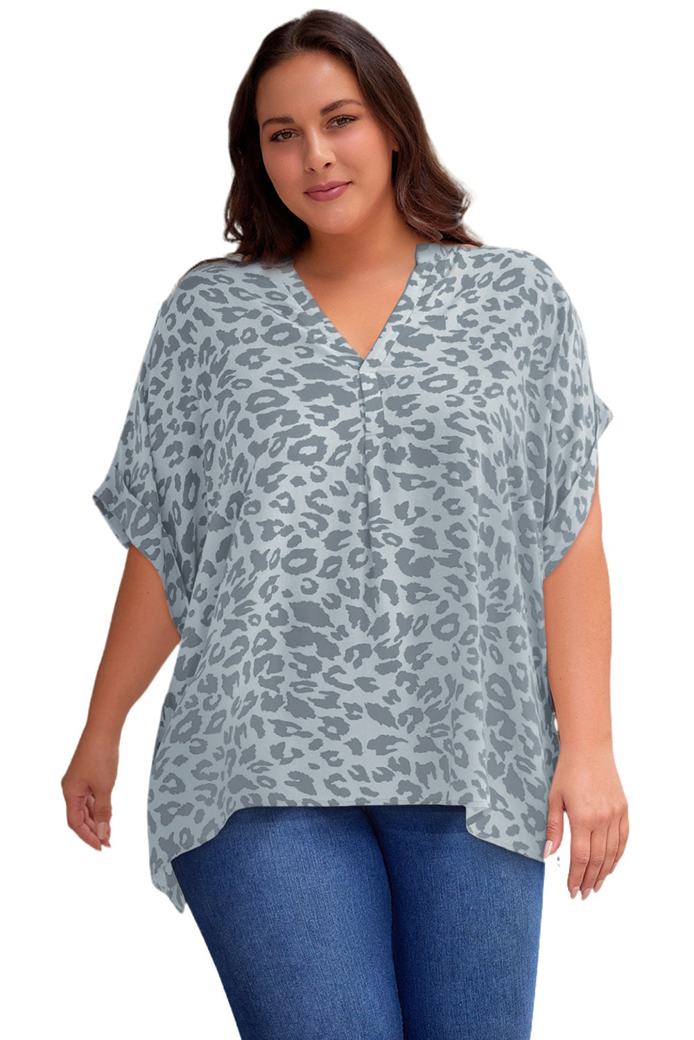 Plus Size Printed Notched Neck Half Sleeve Top-Jewearrings