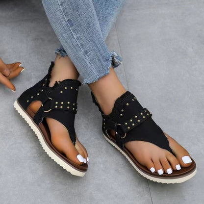 Studded Raw Hem Flat Sandals-Jewearrings