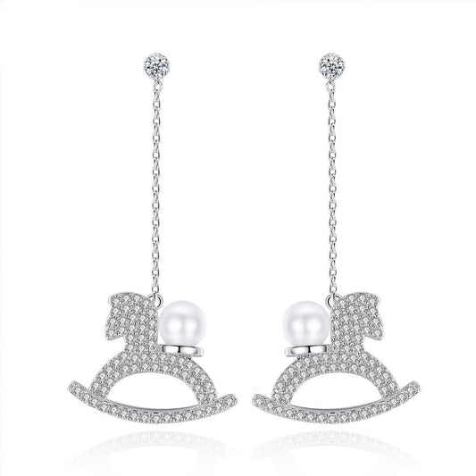 Rocking Horse Earrings Zircon Korean Fashion Long Pearl Women's Earrings-Jewearrings