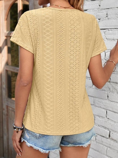 Eyelet V-Neck Short Sleeve T-Shirt-Jewearrings