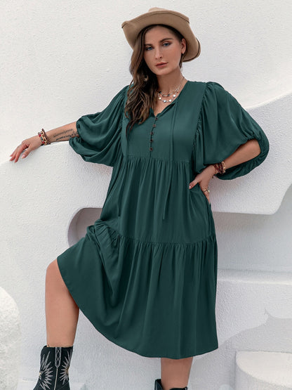 Plus Size Tie Neck Balloon Sleeve Midi Dress-Jewearrings