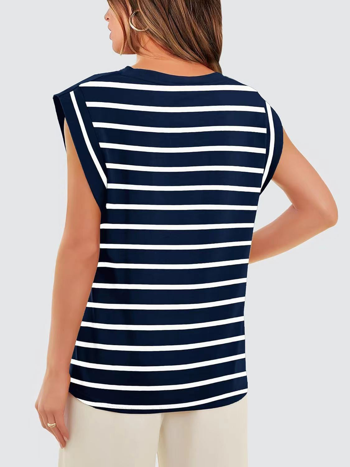 Striped Round Neck Cap Sleeve T-Shirt-Jewearrings