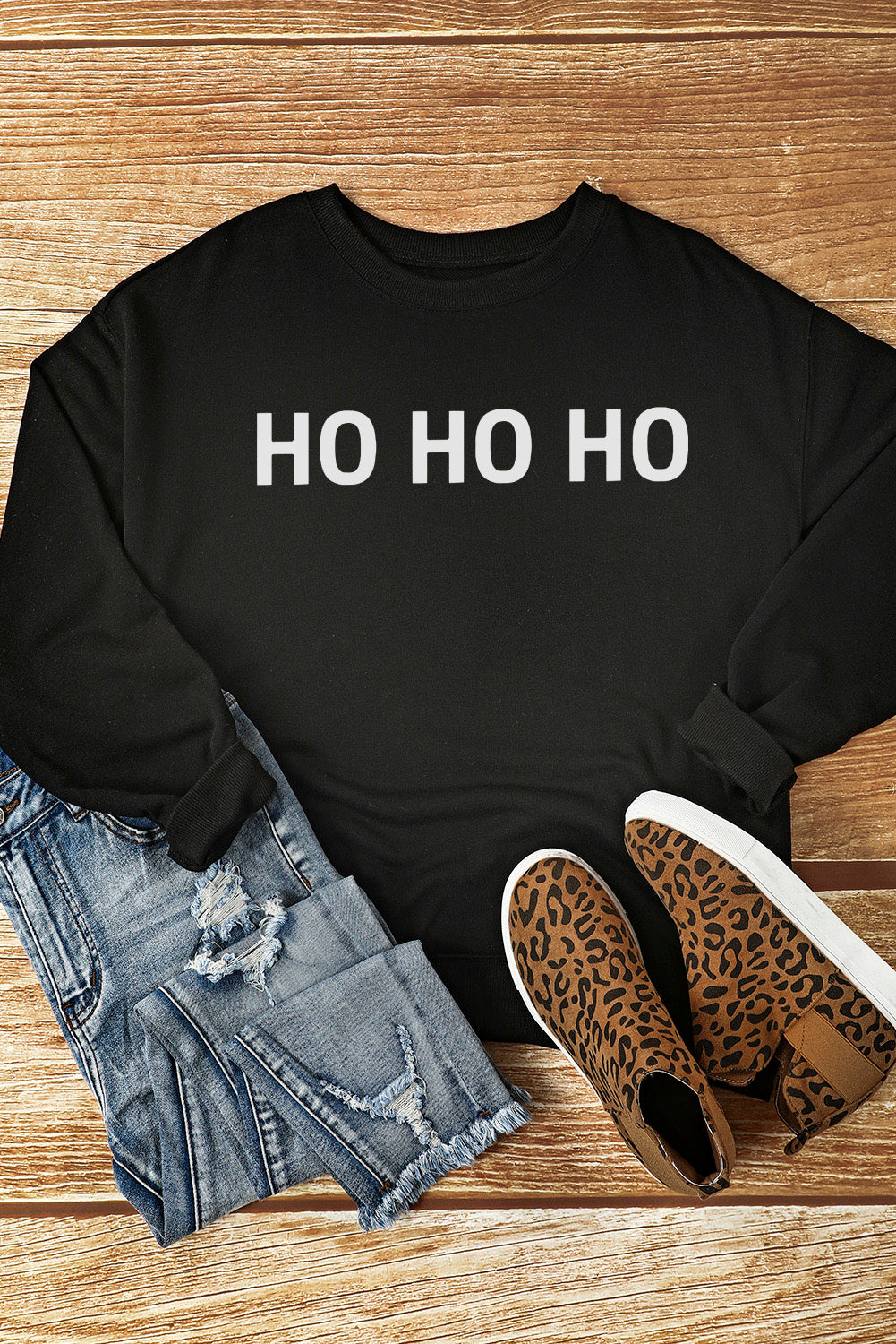 HO HO HO Graphic Round Neck Sweatshirt-Jewearrings