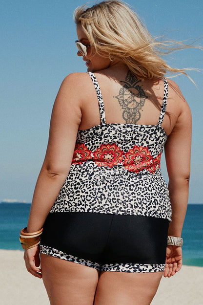 Plus Size Mixed Print Tankini Set with Pockets-Jewearrings