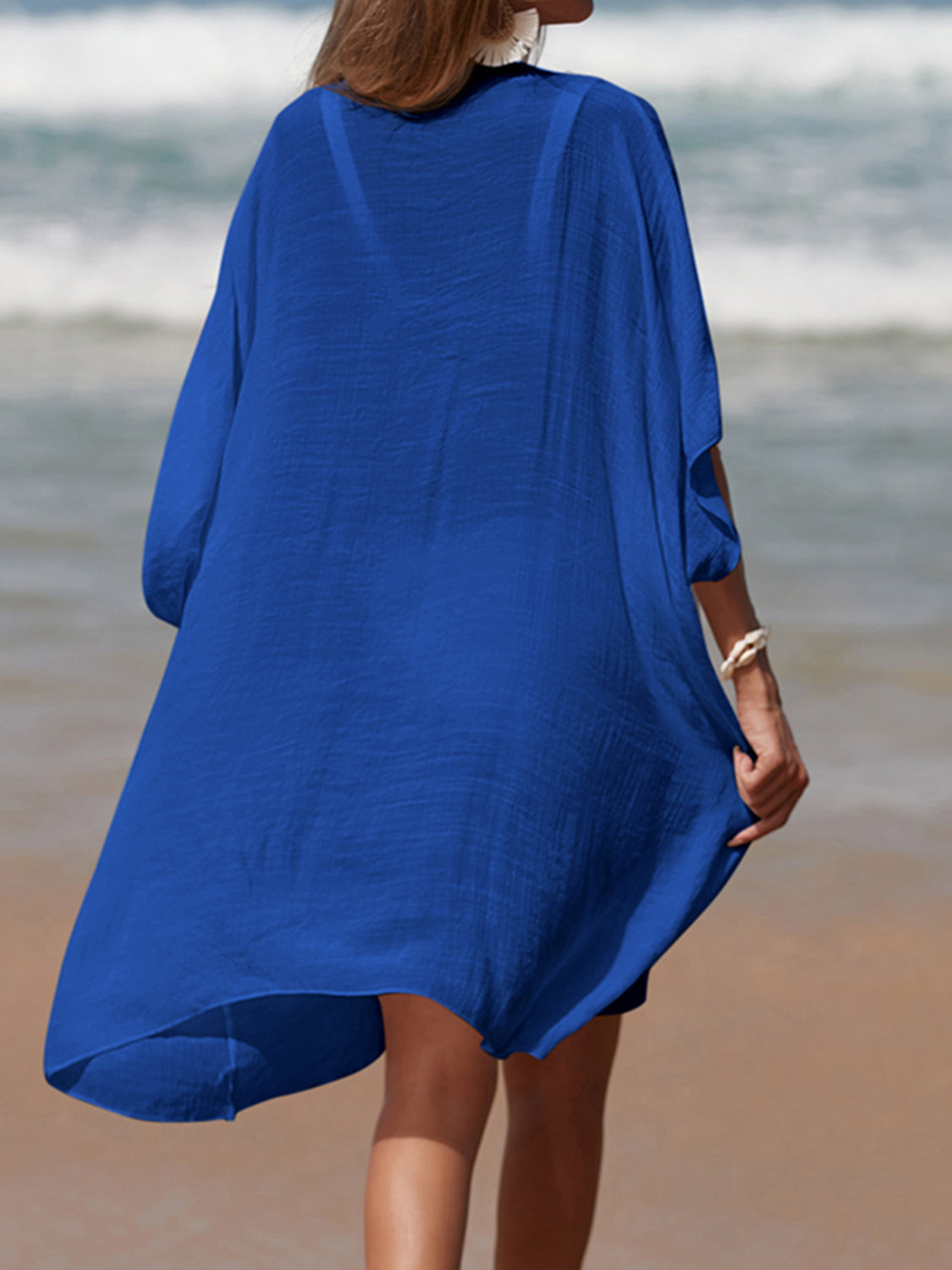 Cutout V-Neck Three-Quarter Sleeve Cover Up-Jewearrings