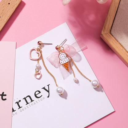 Korean summer sweet ice cream chiffon bow love asymmetrical long tassel earrings girl heart earrings-Jewearrings