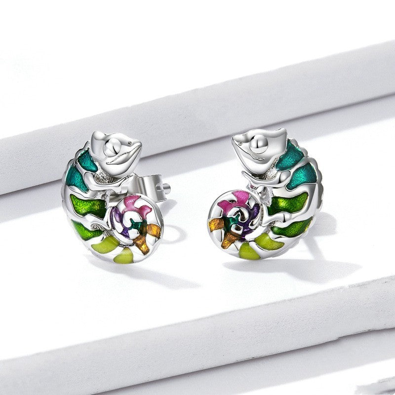 Sterling Silver S925 Chameleon Stud Colorful Drop Oil Plated Platinum Small Animal Fashion Earrings-Jewearrings