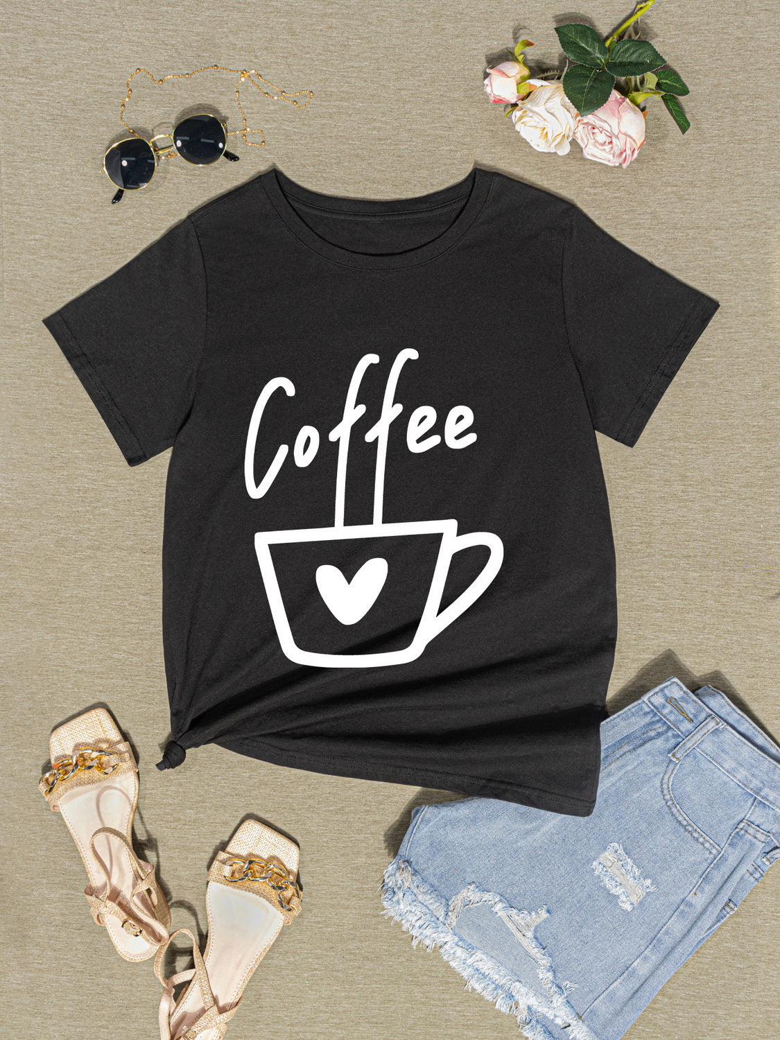 COFFEE Round Neck Short Sleeve T-Shirt-Jewearrings