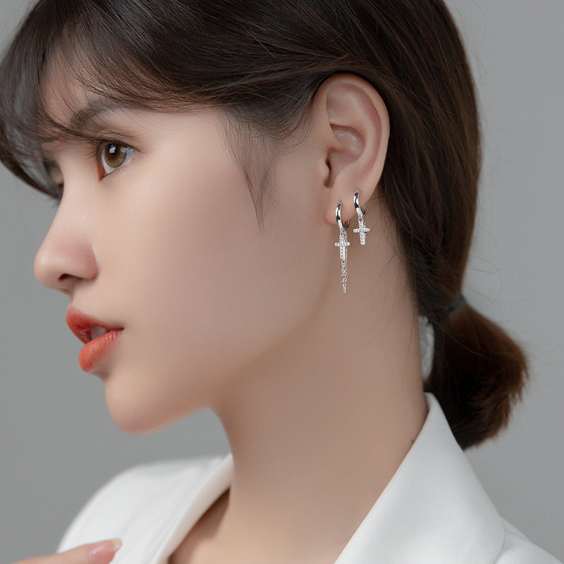 Short Cross Chain Ear Clip Women's Rhinestone Earrings-Jewearrings