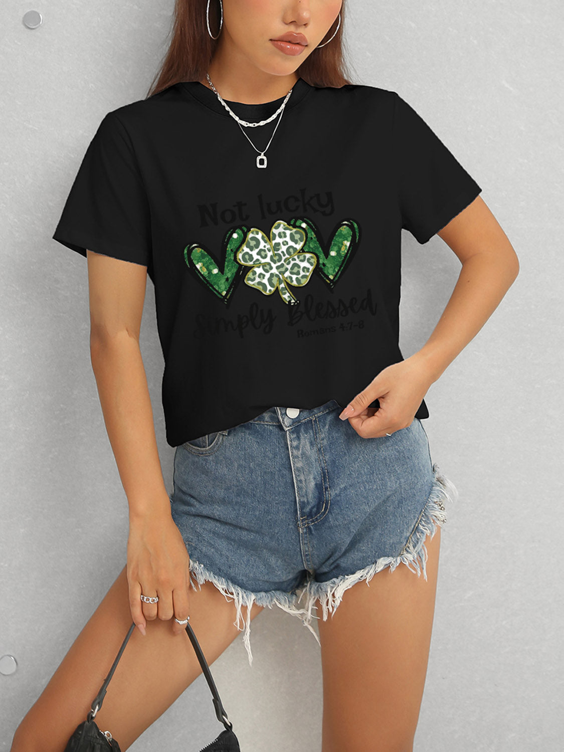 Lucky Clover Round Neck Short Sleeve T-Shirt-Jewearrings