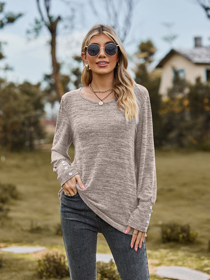 Round Neck Long Sleeve Buttoned T-Shirt-Jewearrings