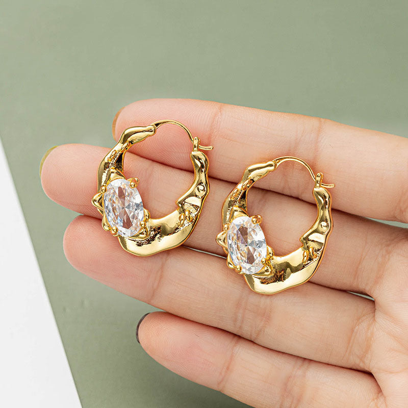 Zircon Irregular Brass Electroplated Real Gold Ear Clip Small High Sense Retro French Earrings-Jewearrings