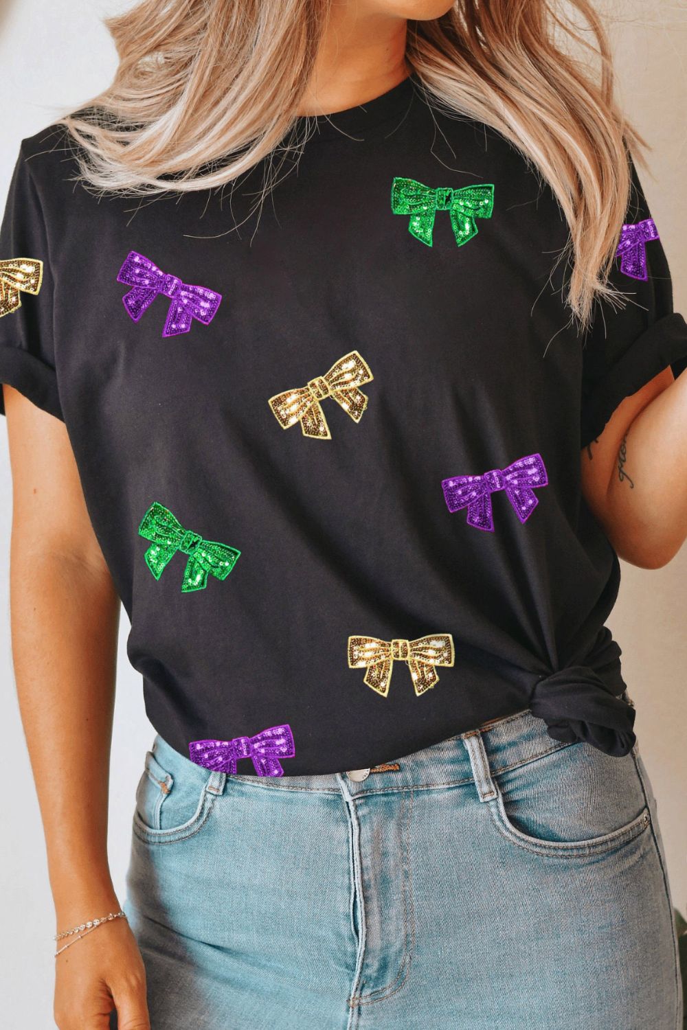 Bow Print Sequin Round Neck Short Sleeve T-Shirt-Jewearrings