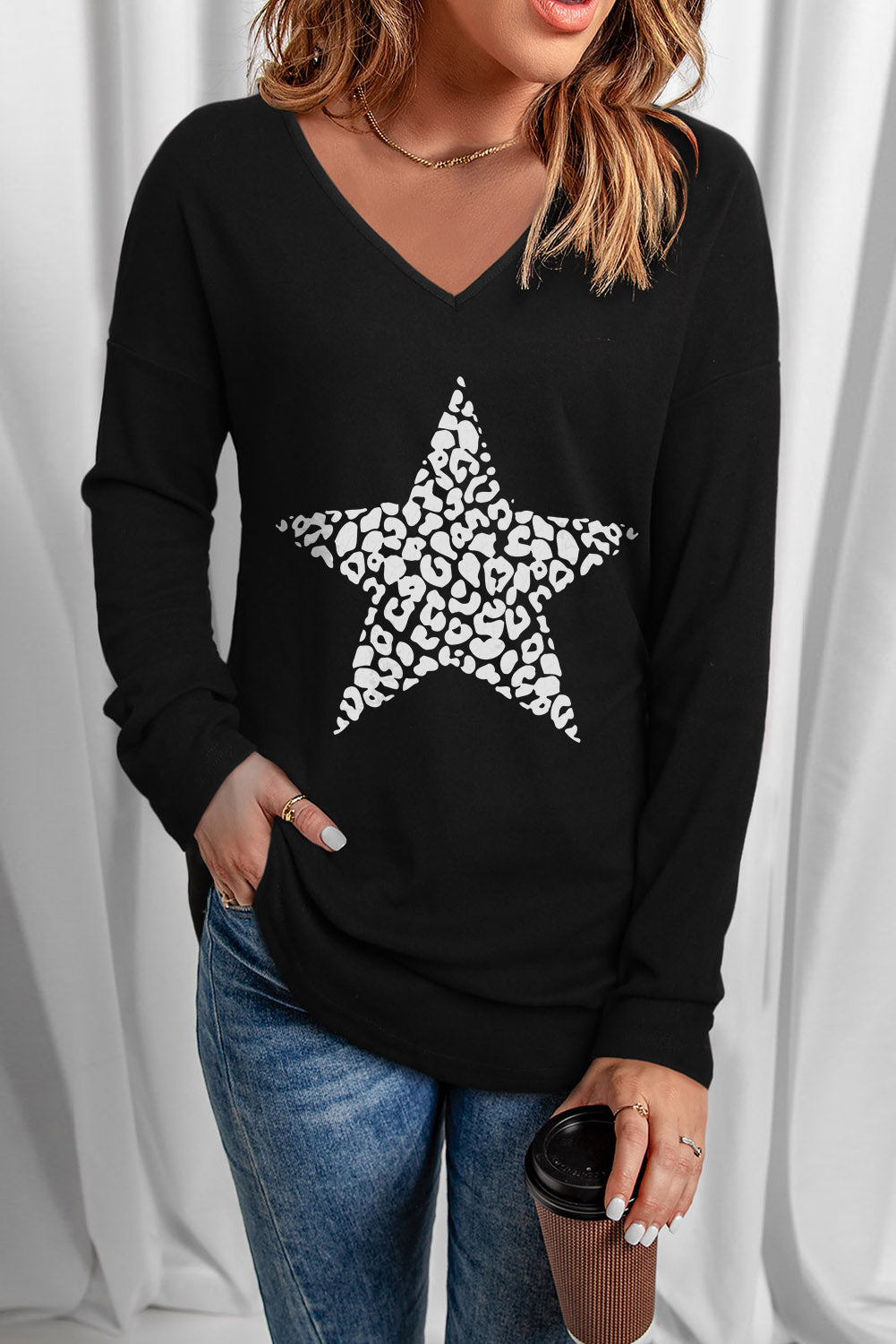 Leopard Star Graphic V-Neck Top-Jewearrings