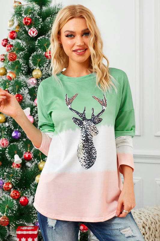 Reindeer Graphic Color Block Long Sleeve T-Shirt-Jewearrings