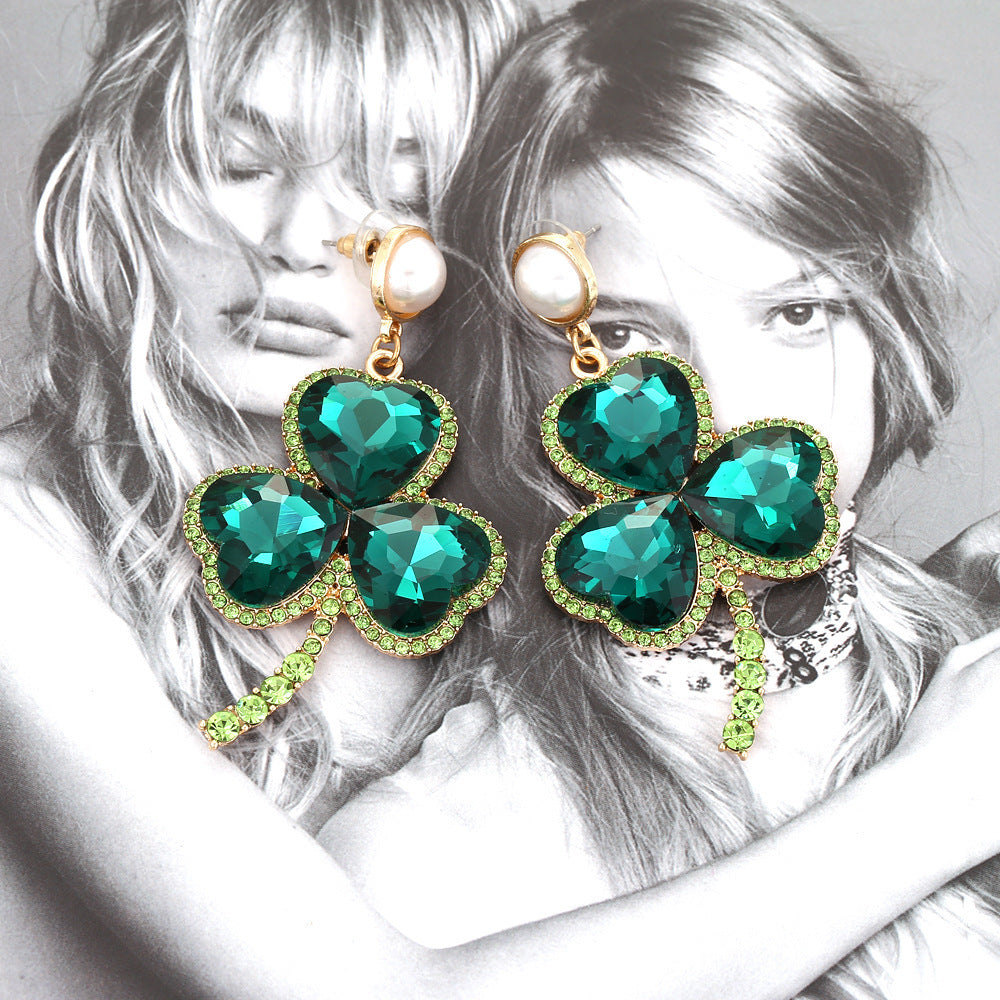 Emerald Colorful Crystals Clover Earrings-Jewearrings