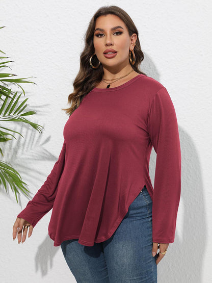 Plus Size Round Neck Long Sleeve Slit T-Shirt-Jewearrings