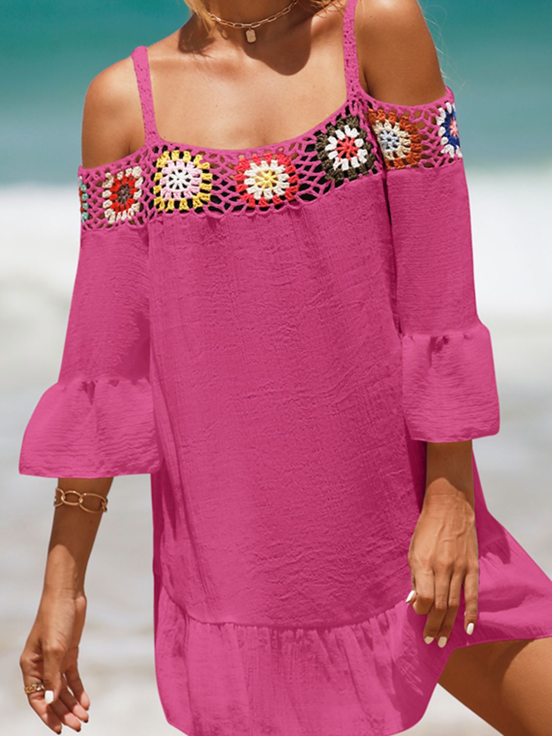 Crochet Cold Shoulder Three-Quarter Sleeve Cover Up-Jewearrings