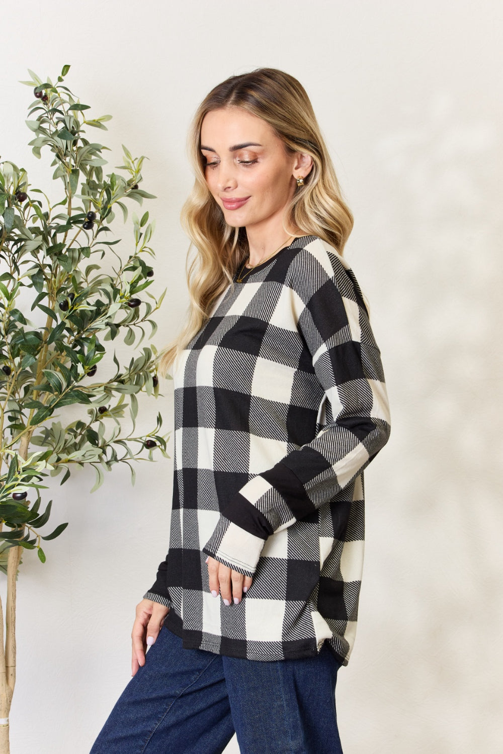 Celeste Full Size Plaid Round Neck Long Sleeve T-Shirt-Jewearrings