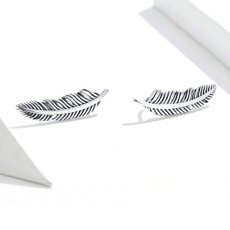 Women's Fashion Retro Sterling Silver Stud Earrings Feathers-Jewearrings