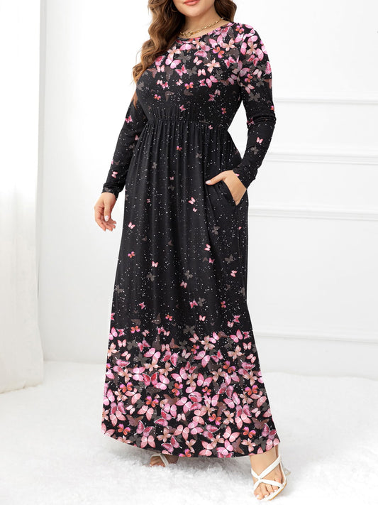 Plus Size Round Neck Maxi Dress with Pockets-Jewearrings