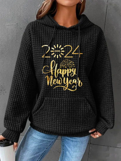 Full Size 2024 HAPPY NEW YEAR Waffle-Knit Hoodie-Jewearrings