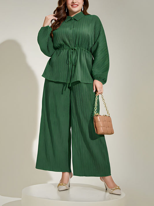 Plus Size Collared Neck Buttoned Top and Wide Leg Pants Set-Jewearrings