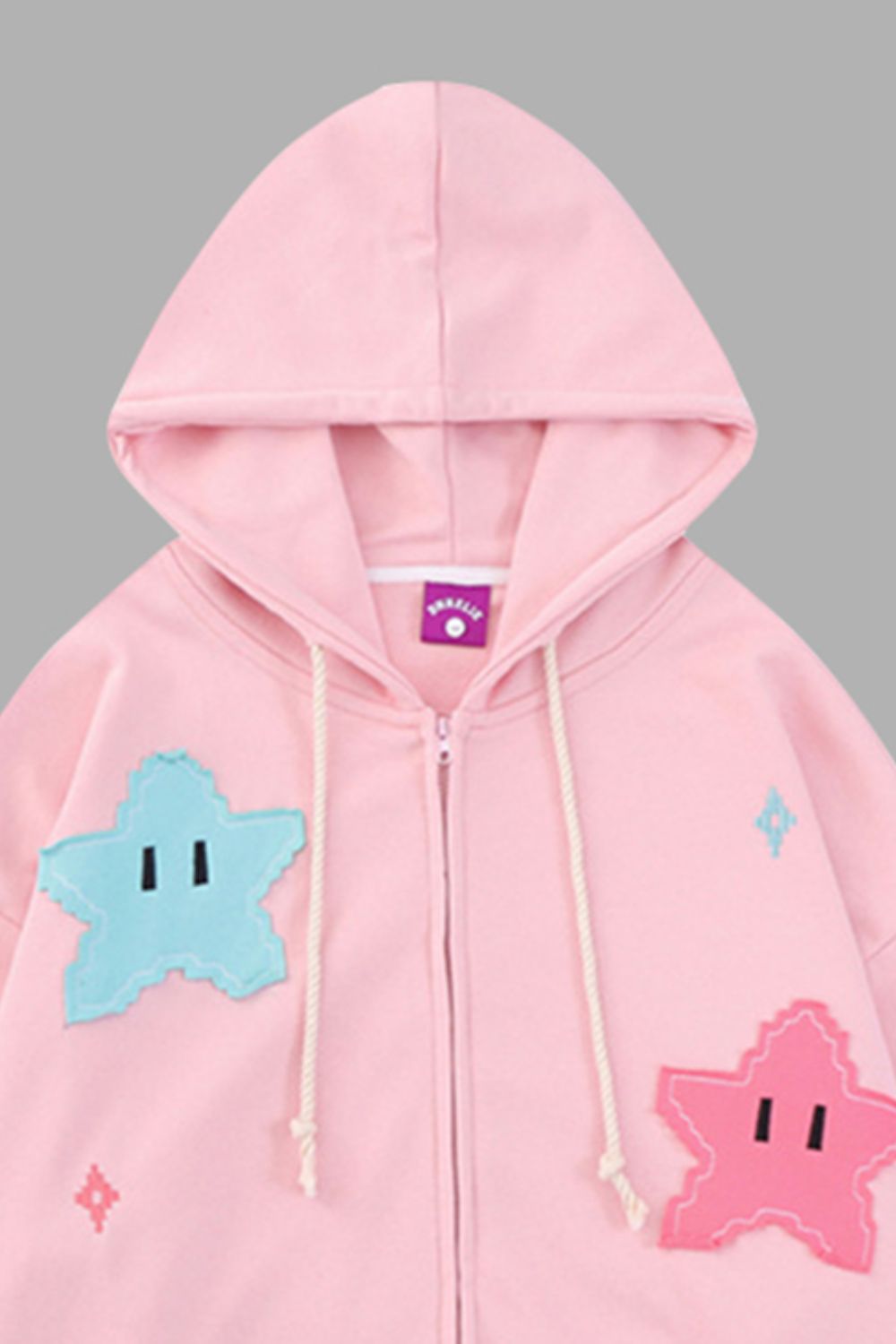 Star Drawstring Zip Up Dropped Shoulder Hoodie-Jewearrings