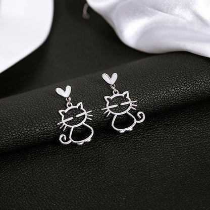 Silver Needle Metal Melancholy Cat Temperament Earrings Simple Asymmetric-Jewearrings