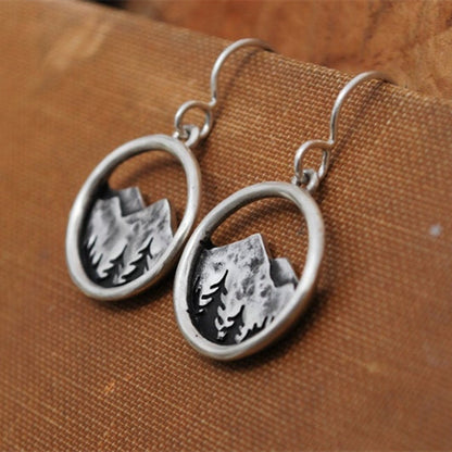 Vintage Silver Three-Dimensional Round Mountains Cutout Drop Earrings-Jewearrings