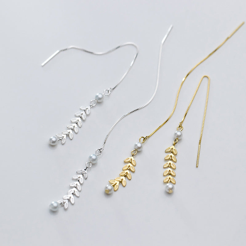 Pearl leaf tassel earrings-Jewearrings