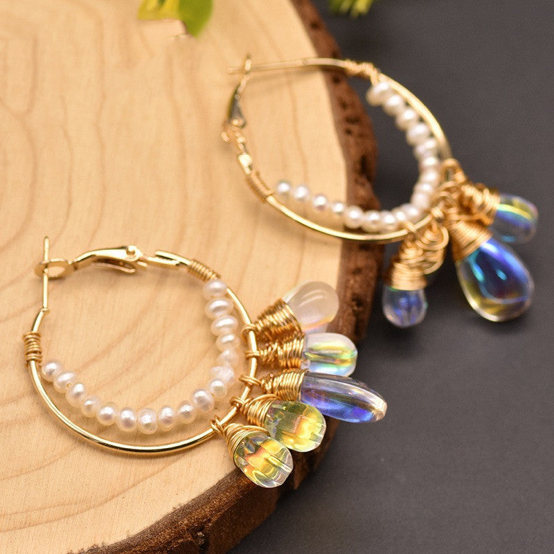 Pearl Czech crystal circle earrings-Jewearrings