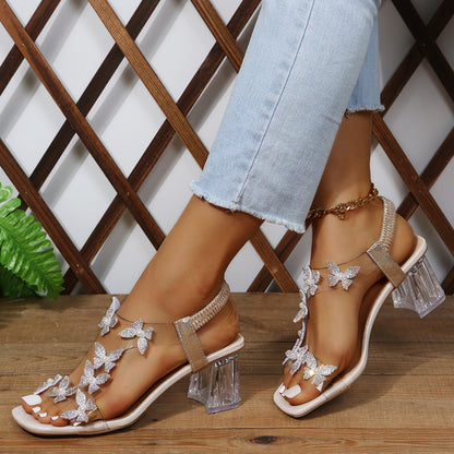 Butterfly Detail Open Toe Mid Heel Sandals-Jewearrings