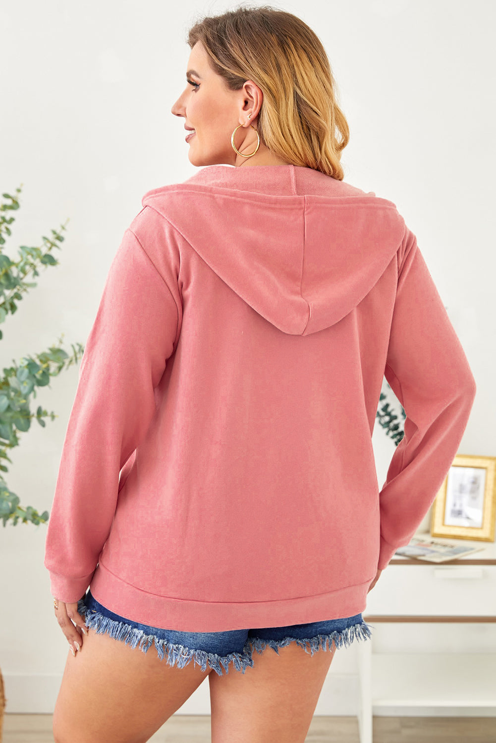 Plus Size Zip Up Hooded Jacket with Pocket-Jewearrings