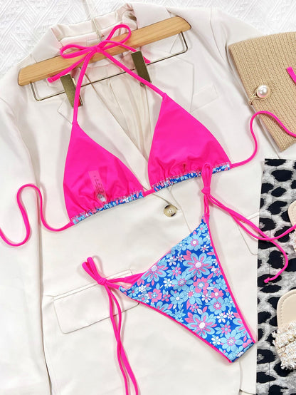 Floral Halter Neck Tie Side Bikini Set-Jewearrings