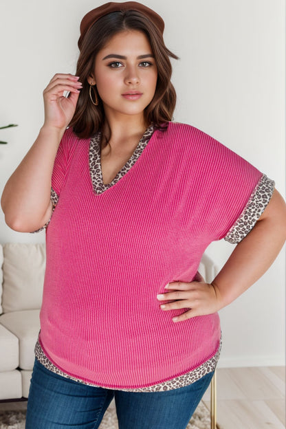 Plus Size Leopard V-Neck Short Sleeve T-Shirt-Jewearrings