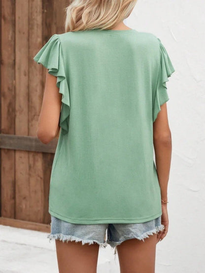 Full Size Ruffled Notched Cap Sleeve T-Shirt-Jewearrings