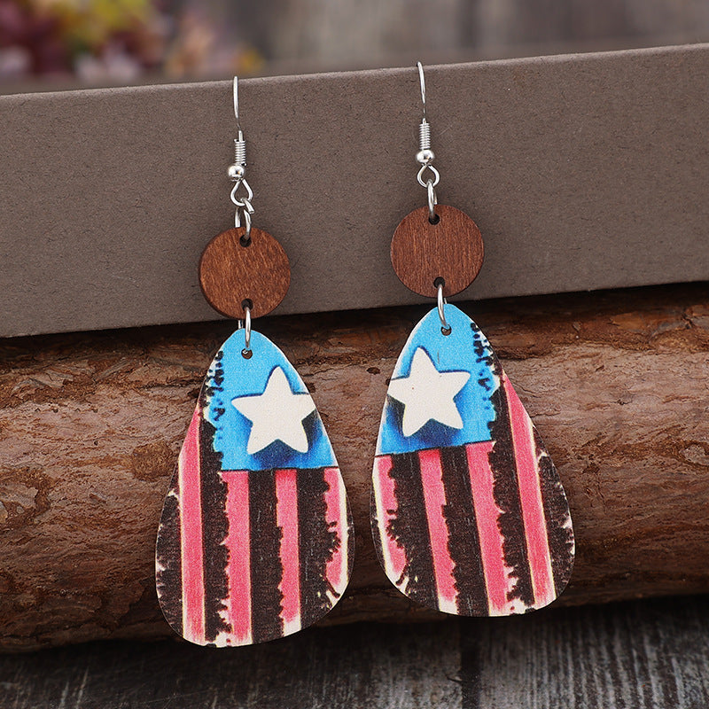 Star & Stripes Wooden Dangle Earrings-Jewearrings