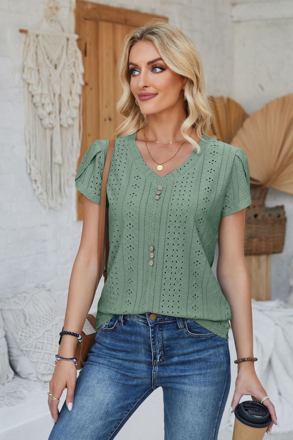 Decorative Button Eyelet V-Neck Short Sleeve T-Shirt-Jewearrings