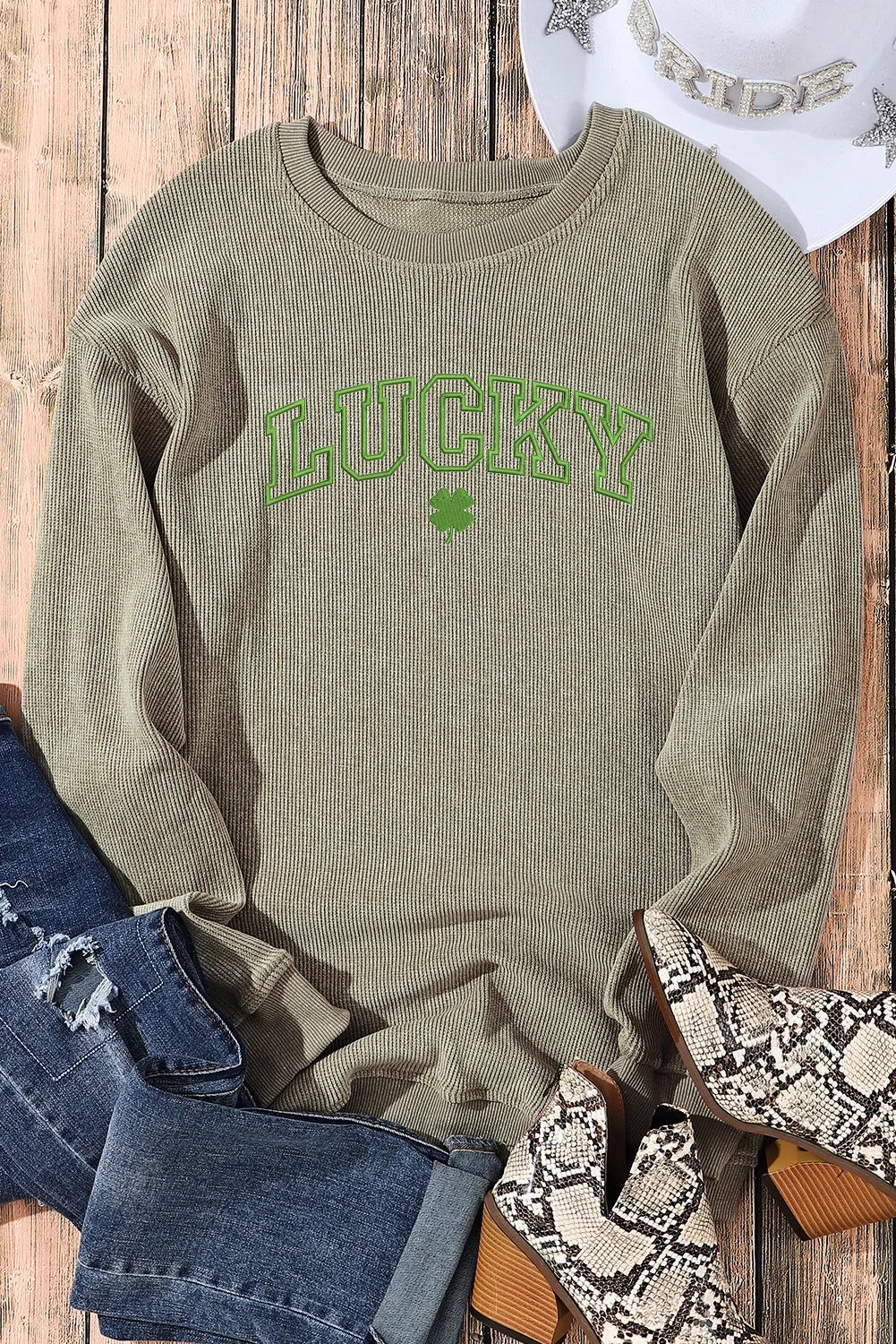 LUCKY Round Neck Dropped Shoulder Sweatshirt-Jewearrings