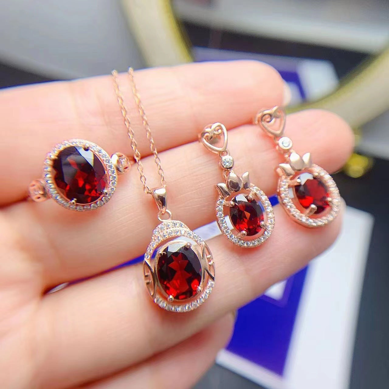 Natural Garnet Ear Stud Pendant Ring Set 925 Silver Inlaid Sweet Earrings-Jewearrings