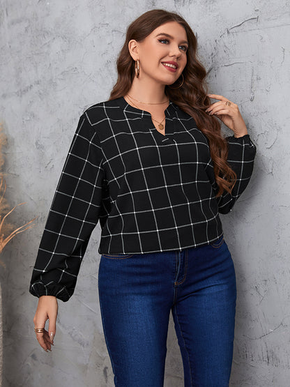 Plus Size Notched Neck Long Sleeve Blouse-Jewearrings