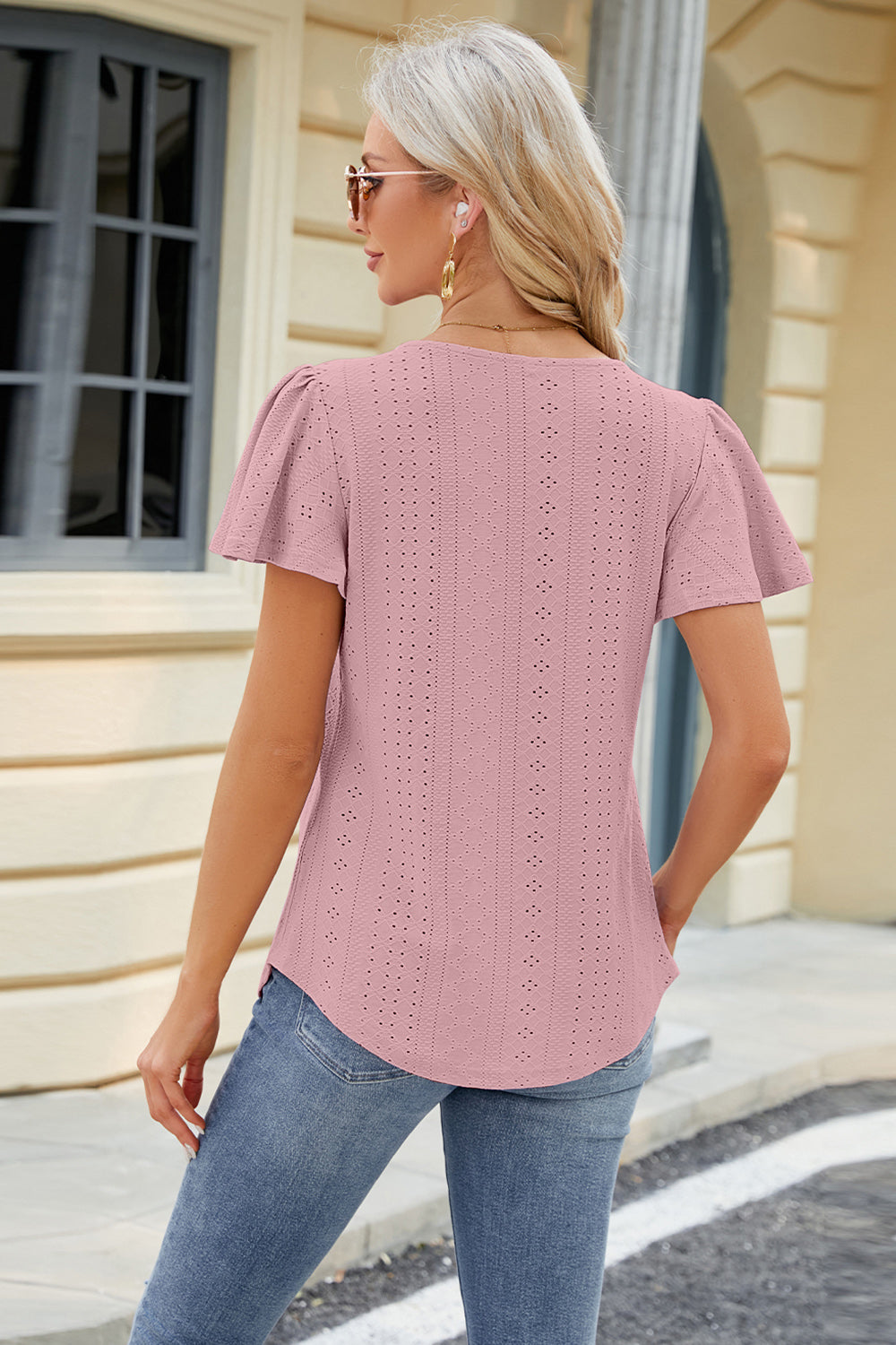 Eyelet Square Neck Short Sleeve T-Shirt-Jewearrings